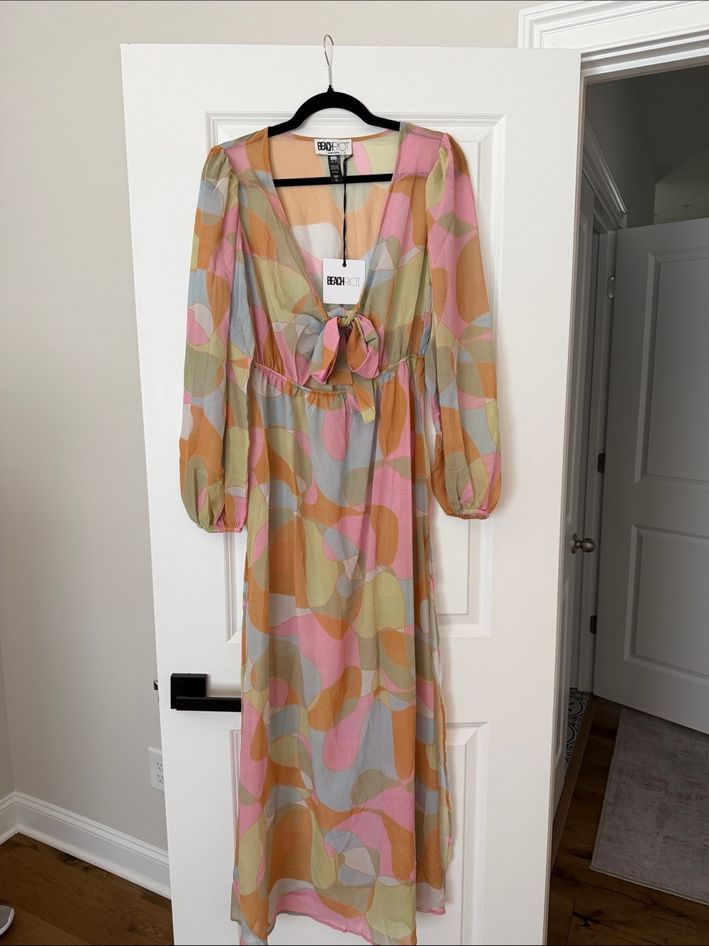 Beach Riot Pink, Peach & Sage Abstract Tie-Front Maxi Dress